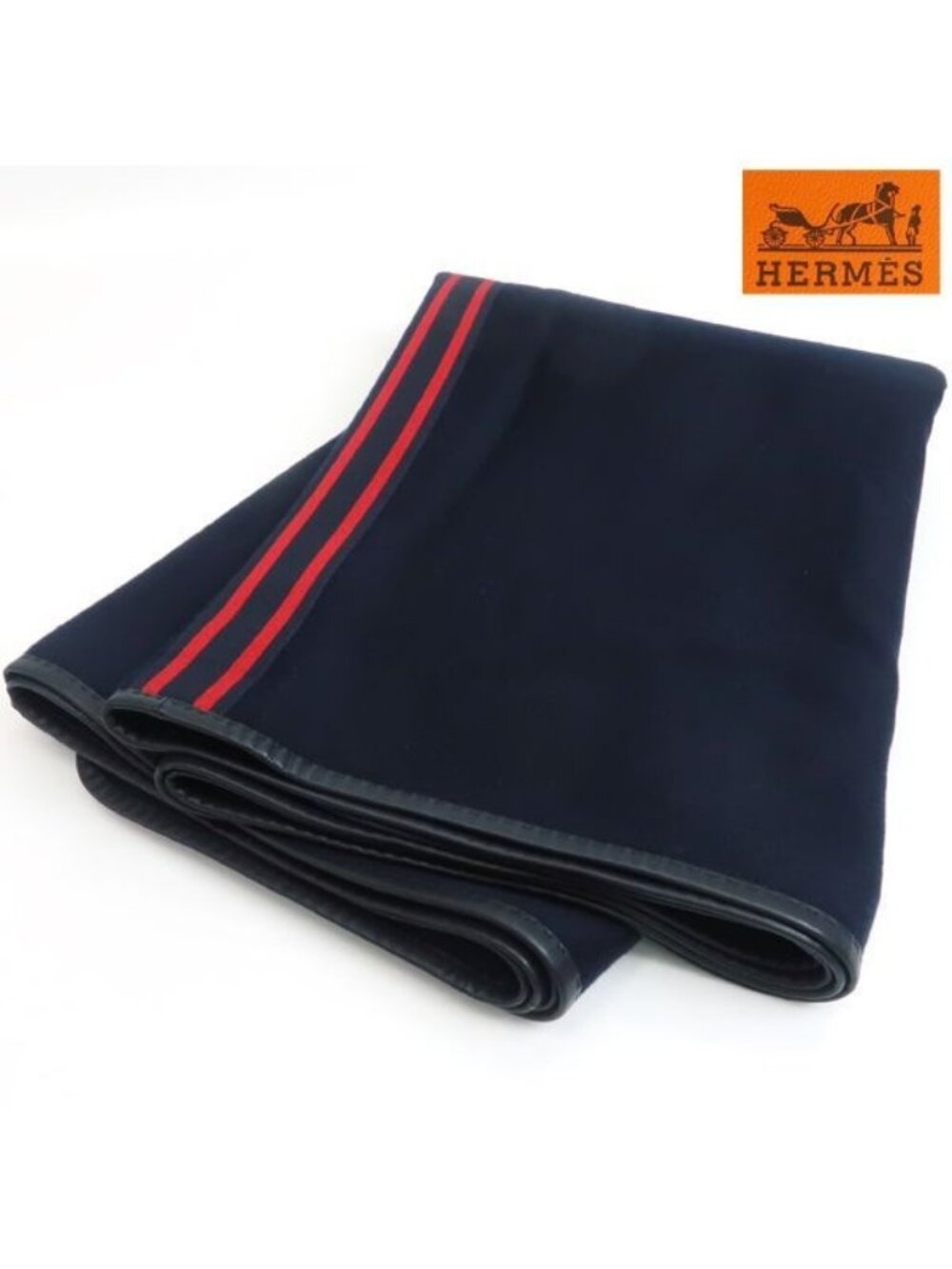 Hermes Blanket Poncho Cashmere 100% Leather Cape Large Shawl Navy Included